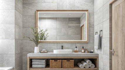 Poster - This inviting bathroom space features a large unembellished rectangular mirror and a palette of soft gray tiles contributing to a serene and orderly environment.