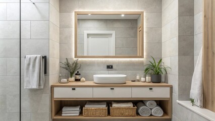 Aufkleber - An uncluttered bathroom presents a harmonious blend of a minimalist rectangular mirror and subtle soft gray tiles emphasizing refinement and balance in the design.
