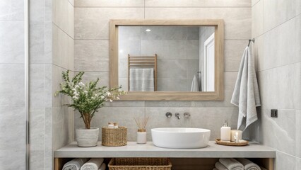 Aufkleber - The bathroom boasts a contemporary design with a focus on simplicity highlighted by a rectangular mirror and stylish soft gray tiles that complement the overall cleanlined