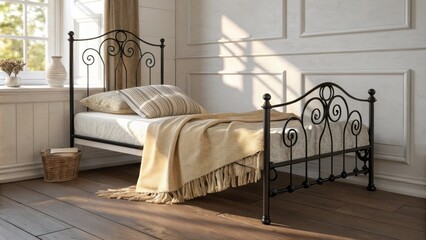Aufkleber - A serene sleeping space showcasing a black wroughtiron bedframe topped with a cozy cream throw illuminated by warm natural light casting gentle shadows on the wooden floor.