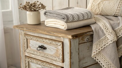 Poster - The focus is on a vintagestyle wooden nightstand with a rustic finish embellished with a gently folded lace throw surrounded by a harmonious blend of soft grays and creams