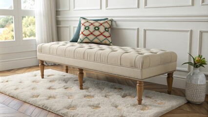 Poster - The interior showcases a stylish tufted bench as the centerpiece surrounded by a soft textured area rug with a single colorful patterned pillow enhancing the aesthetic.