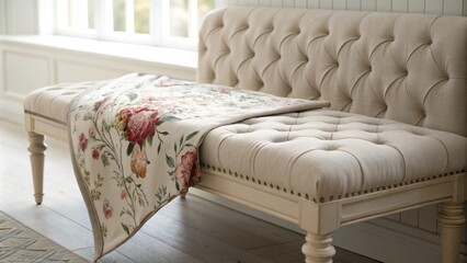 Poster - The scene features a serene corner with a plush tufted bench where diffused natural light creates a tranquil atmosphere highlighting a softly patterned floral blanket.