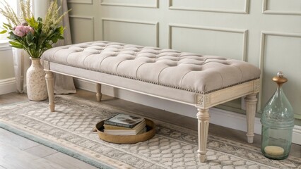 Poster - The decor centers around a sophisticated tufted bench with delicate fabric set within a muted color palette that emphasizes simplicity and elegance highlighted by a charming