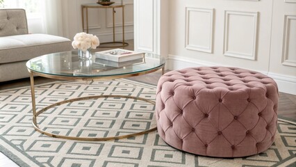 Aufkleber - The room is adorned with a chic glass coffee table which sits atop an eyecatching geometric print on the floor alongside a sumptuous velvet ottoman that adds depth and