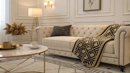 Aufkleber - An inviting living area showcasing Art Decoinspired decor where a bold geometric throw adds a pop of texture to a refined couch while a minimalist coffee table and warm