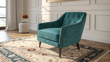 Poster - A sophisticated teal velvet armchair is elegantly p on a chic patterned rug with dynamic motifs. The room is bathed in a warm inviting glow from diffused sunlight enhancing