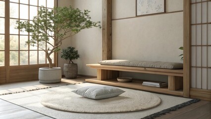 Poster - A quiet meditation nook featuring a low wooden bench and a plush understated rug surrounded by soft natural light that promotes a sense of calm and focus.