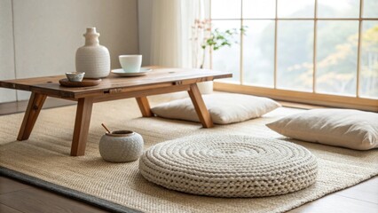 Poster - An uncluttered meditation nook that highlights a cozy woven rug and a lowprofile wooden table complemented by bright natural light enhancing the minimalist aesthetic.