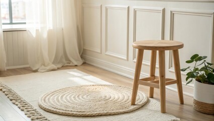 Aufkleber - A peaceful space enriched by gentle daylight featuring a soft woven rug that brings texture alongside a lone low stool creating a sense of calm simplicity.