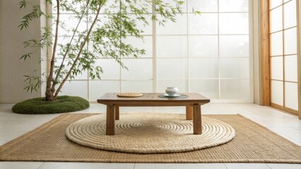 Poster - A minimalist meditation zone featuring a natural fiber rug a simple low wooden table and bright airy light pouring in from an unseen source creating a harmonious space for