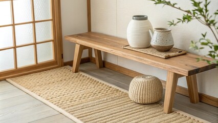 Poster - A tranquil interior featuring a soft woven mat underfoot a simple wooden bench against the backdrop and a small elegantly crafted ceramic vase p thoughtfully on the bench