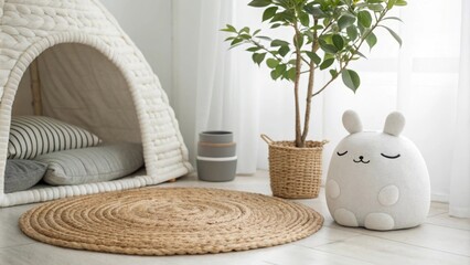 Aufkleber - A tranquil interior space with a calm color scheme of whites and soft grays showcasing a single indoor plant nestled beside a natural fiber mat that adds warmth to the