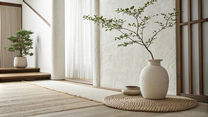 Aufkleber - A calming minimalist space characterized by smooth white walls a delicate ceramic vase on the floor and a soft woven rug providing warmth and comfort for meditation.