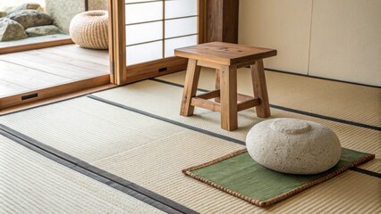 Poster - The tranquil scene showcases a meticulously arranged tatami mat a sy wooden stool with a natural finish and an elegant rounded stone sculpture that exudes harmony.