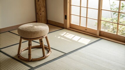 Poster - A minimalist design showcasing a tatami mat laid out with a cozy bamboo stool beside it where subtle beams of natural light enhance the tranquil vibe of the room.
