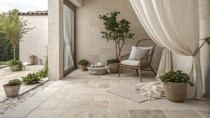 Poster - A chic outdoor area with neutraltoned tiled surfaces highlighted by a single inviting chair and understated decor elements like small stone planters and a gentle fabric