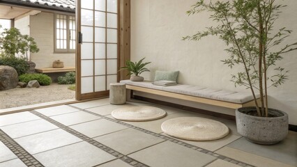 Poster - A tranquil patio showcasing a smooth tile flooring a simplistic stone bench for seating and a subtletoned rug enhancing the ambiance.