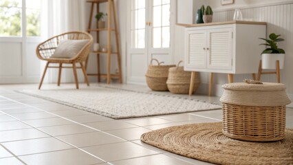 Poster - An airy interior with a minimalist aesthetic featuring an immaculate tiled floor and subtle diffused lighting accented by a natural fiber rug that introduces an organic