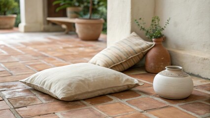 Poster - An inviting minimalist patio showcasing a rustic terracotta floor a simple cushion in subtle beige hues and a tiny ceramic vase that adds a touch of elegance with its