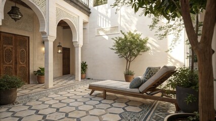 Aufkleber - A serene courtyard with a geometric tiled surface complemented by a simple throw pillow p casually on a lounge chair basking in a gentle diffused natural light.