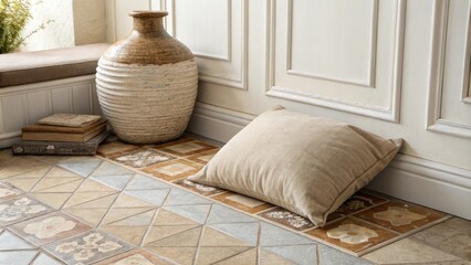 Aufkleber - A tranquil corner of a room with a cozy tiled floor radiating warmth a soft cushion in neutral hues and a beautifully crafted ceramic vase that exudes sophistication all