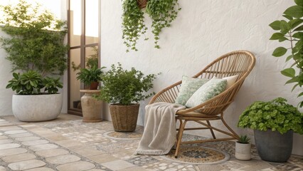 Poster - A picturesque outdoor space showcasing a rustic tiled surface a single cozy rattan chair and vibrant green foliage d gently from pots enhancing the serene atmosphere.