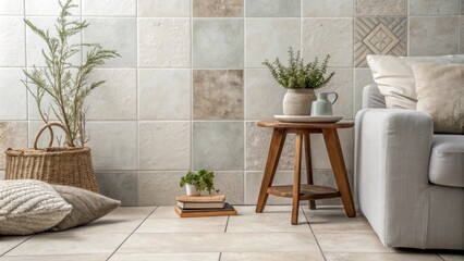 Aufkleber - A modern living area characterized by sleek square tiles in muted tones a simplistic wooden stool and carefully arranged small plants that introduce a hint of nature.