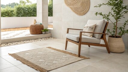 Aufkleber - A serene patio scene features pristine tiles and a lone chair with comfortable cushions alongside a rustic woven rug that enhances the areas inviting atmosphere.