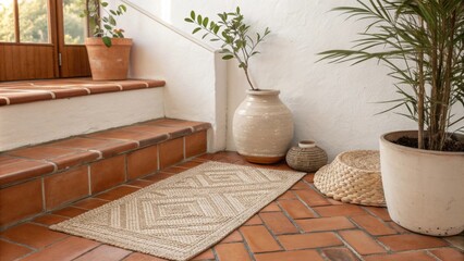 Poster - A contemporary patio design characterized by its warm terracotta tiles a neutral woven rug and a modest ceramic vase that serves as a charming centerpiece in the