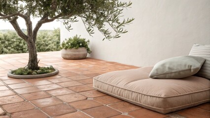 Poster - A tranquil patio setting featuring smooth terracotta tiles a plush neutral cushion and the gentle presence of an olive tree enhancing the charm of the area.