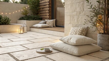 Poster - This stylish patio presents a harmonious blend of clean sandy tiles and elegantly simple cushions with gentle soft lighting that casts a cozy glow across the inviting area.