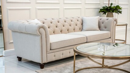Poster - A stylish living area with crisp white walls and a light gray couch seamlessly paired with a round glass coffee table providing a polished and elegant aesthetic.