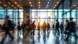 © schiers_images - Dynamic shot of business people walking in motion inside a building with a city skyline in the background, symbolizing corporate life and urban modernity.