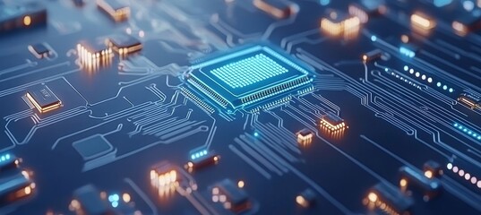 Poster - Close-Up of a Circuit Board with Glowing Processors and Data Pathways Showcasing Modern Technology