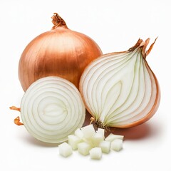 Onion in Different Forms: Whole, Halved, Sliced, and Diced on White Background