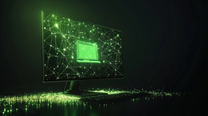 Aufkleber - A glowing network grid in green surrounds a computer icon, representing digital connectivity and support in a virtual space. Generative AI
