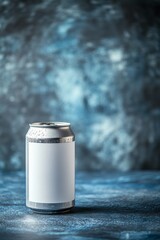 Poster - Blank Aluminum Can on Textured Blue Background Beverage Mockup for Product Photography.