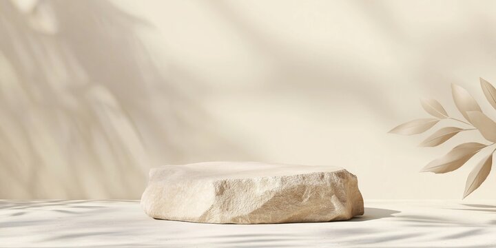 Beige rock podium displays product on fuzzy background with natural light, shadows. Natural beige rock provides simple display solution for goods. Gentle light creates soft aesthetic. Dried leaves,