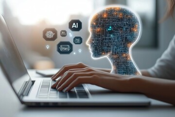 Poster - woman types on laptop. ai head graphic overlay shows tech concept. user interacts with virtual assis