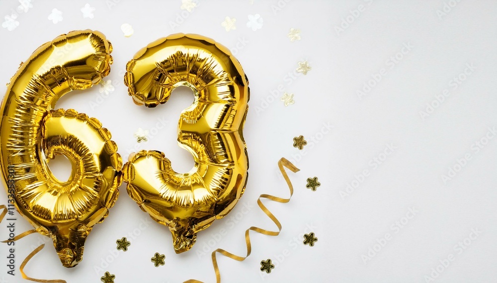 Number 63 Blue Number 63 golden balloons on white background with copy space ...