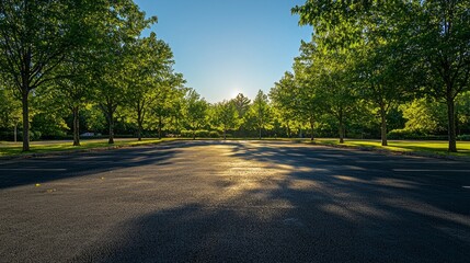 Aufkleber - Warm sunlight brightens a calm setting where a spacious parking lot lies empty, embraced by lush, green trees that create an inviting atmosphere