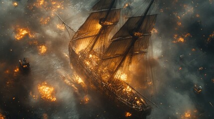 Canvas Print - Burning ship, naval battle, fiery chaos.