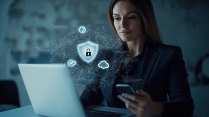 Poster - business woman analyzes cyber security systems using laptop, smartphone. tech expert explores cyber 