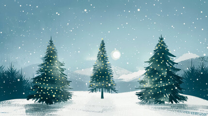 Wall Mural - Traditional Christmas greeting card featuring snow-covered trees and a moonlit night