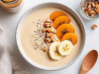 Canvas Print - creamy poridge in white ceramic bowl decorated with banana and chia seeds