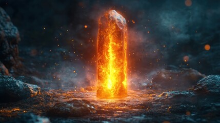 Canvas Print - Fiery rock pillar, glowing embers, dark landscape.