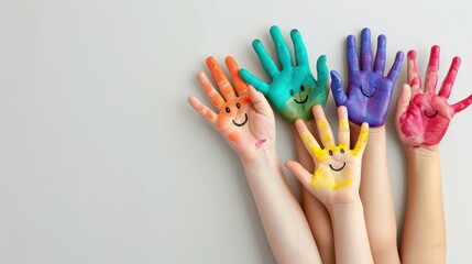 Wall Mural - Childrens hands showcase colorful smiles, embodying joy and creativity against a bright white backdrop.