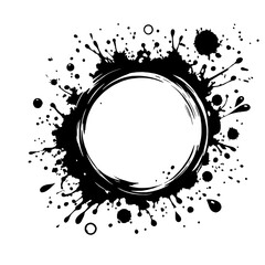 Poster - Black Ink Splatter Circle: A graphic design element featuring a bold black circle with ink splatters radiating outwards.  This striking and abstract design is perfect for adding a touch of grunge.