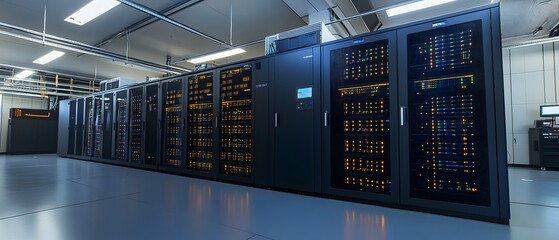 Poster - A modern data center featuring rack-mounted servers and advanced technology. The atmosphere is illuminated by LED lights, exemplifying the heart of digital infrastructure.